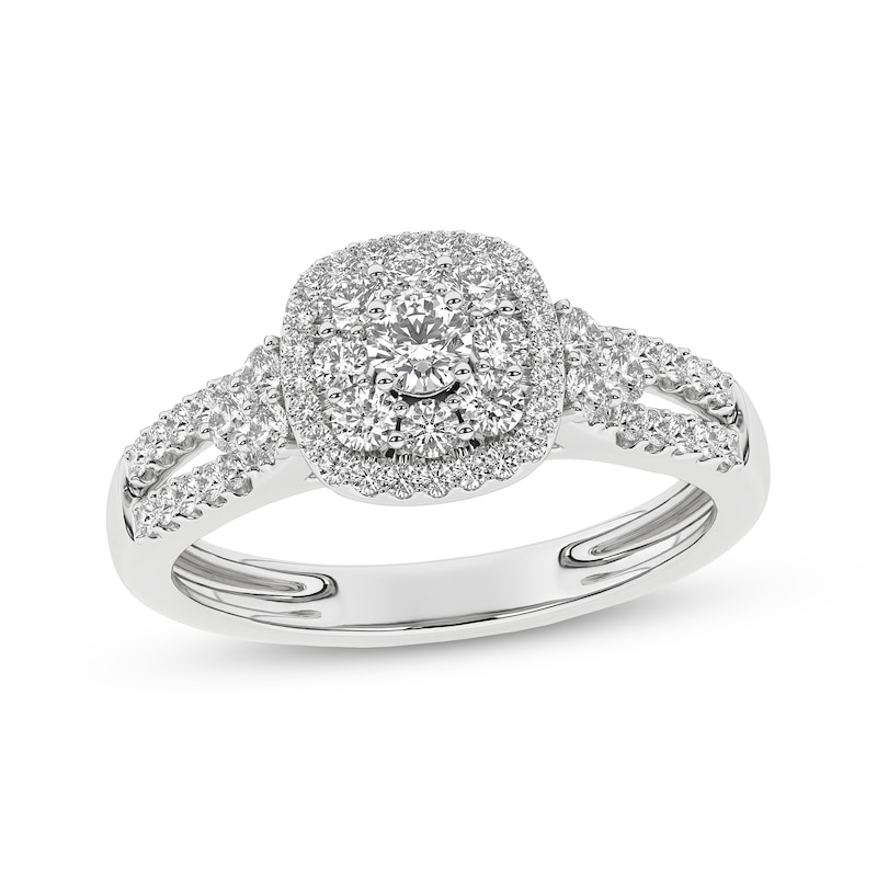 Main Image 1 of Round-Cut Diamond Cushion Halo Engagement Ring 1/2 ct tw 10K White Gold