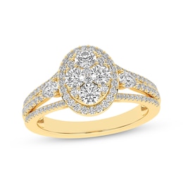 Multi-Diamond Center Oval Halo Engagement Ring 1 ct tw 14K Yellow Gold