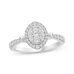 Multi-Diamond Center Oval Halo Engagement Ring 1/2 ct tw 14K White Gold