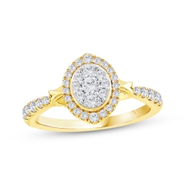 Multi-Diamond Center Oval Halo Engagement Ring 1/2 ct tw 14K Yellow Gold