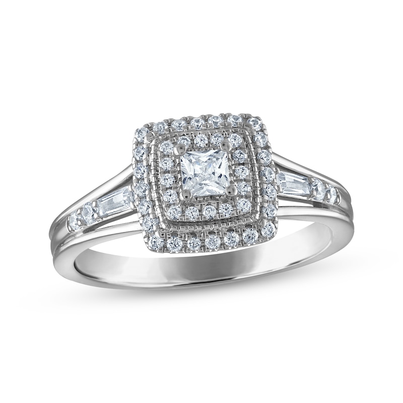 Main Image 1 of Princess-Cut Diamond Double Halo Engagement Ring 1/2 ct tw 14K White Gold