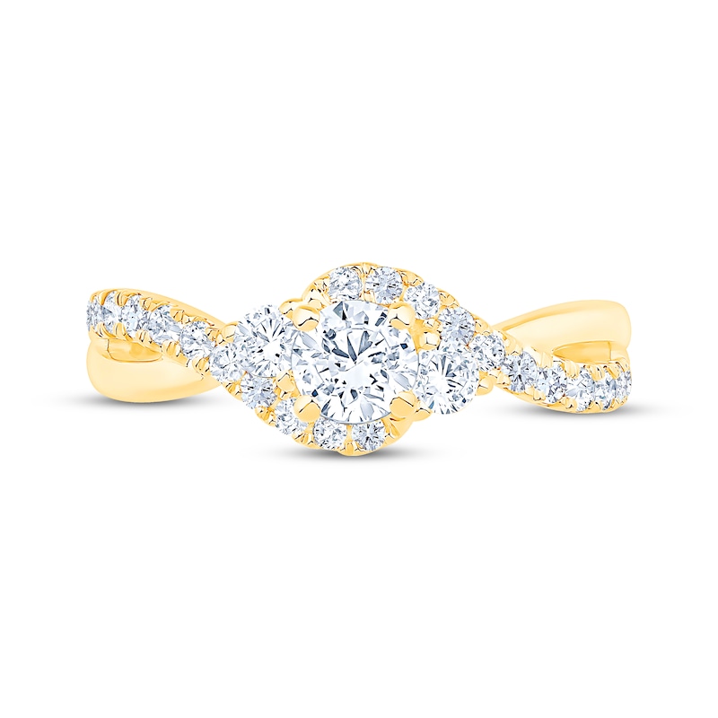 Main Image 3 of Round-Cut Diamond Three-Stone Bypass Engagement Ring 7/8 ct tw 14K Yellow Gold