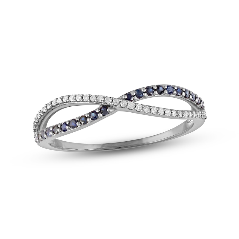 Main Image 1 of Blue Sapphire Wave Ring 1/10 ct tw Diamonds 10K White Gold