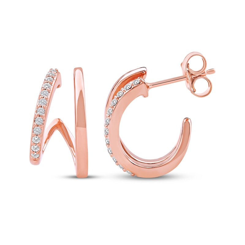 Main Image 3 of Diamond Two-Row Split J-Hoop Huggie Earrings 1/6 ct tw 10K Rose Gold