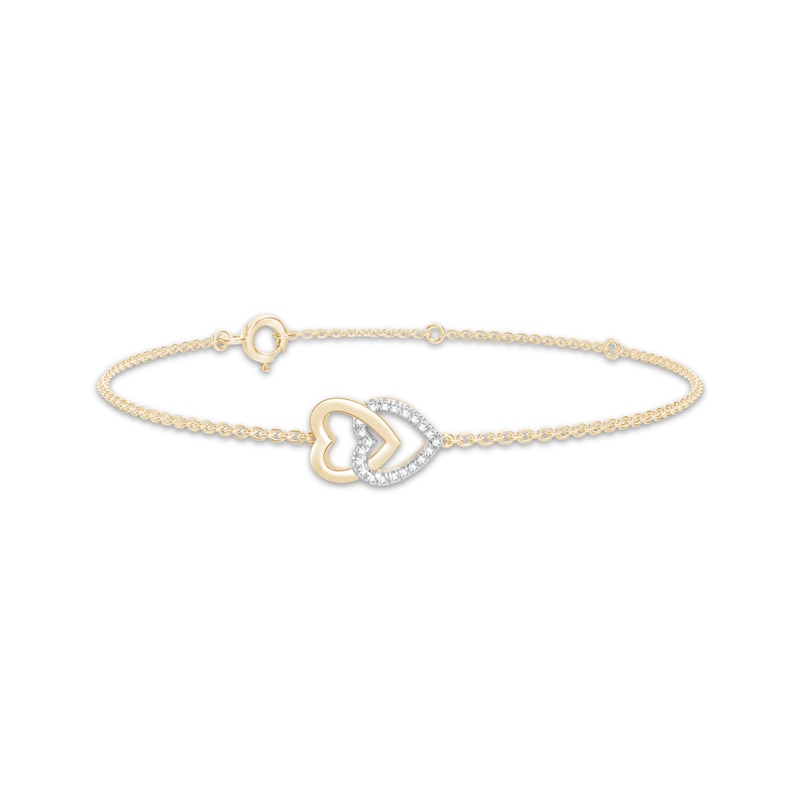 Main Image 1 of Diamond Double Linked Hearts Anklet 1/8 ct tw 10K Yellow Gold 10&quot;