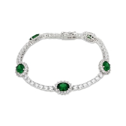 Oval-Cut Lab-Created Emerald & White Lab-Created Sapphire Halo Station Bracelet Sterling Silver 7.25&quot;